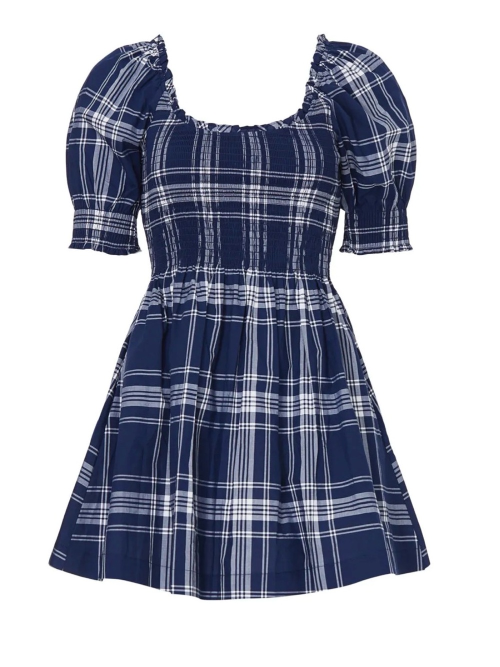 Hill House Navy & White Plaid Puff-Sleeve Mini Dress